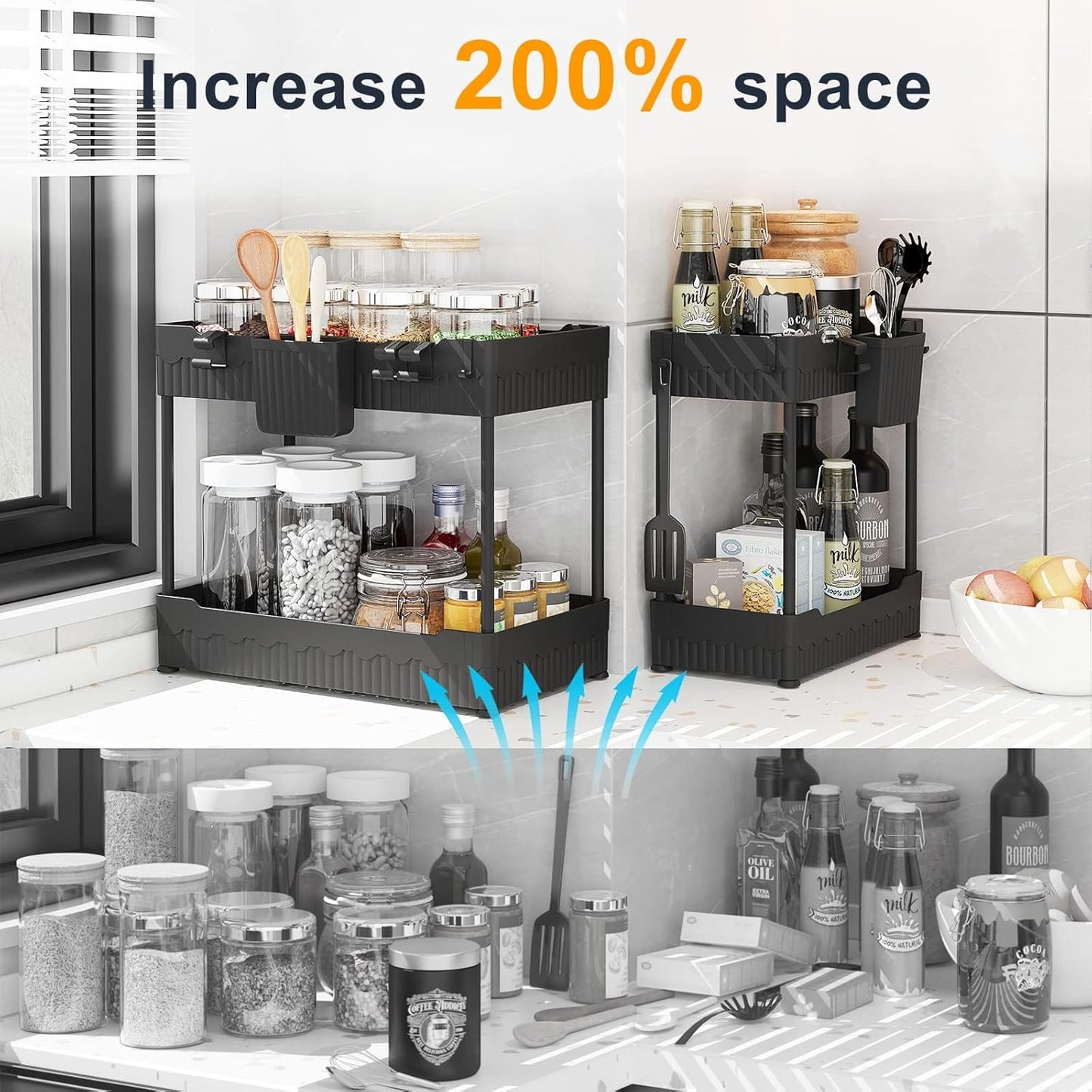 Sink-ception: The Dynamic Duo of Under Sink Shenanigans - Organize Your Chaos with Hanging Cup Hooks & a Multi-Tasking Shelf for All Your Bathroom & Kitchen Misadventures (Now in Sleek Black!)
