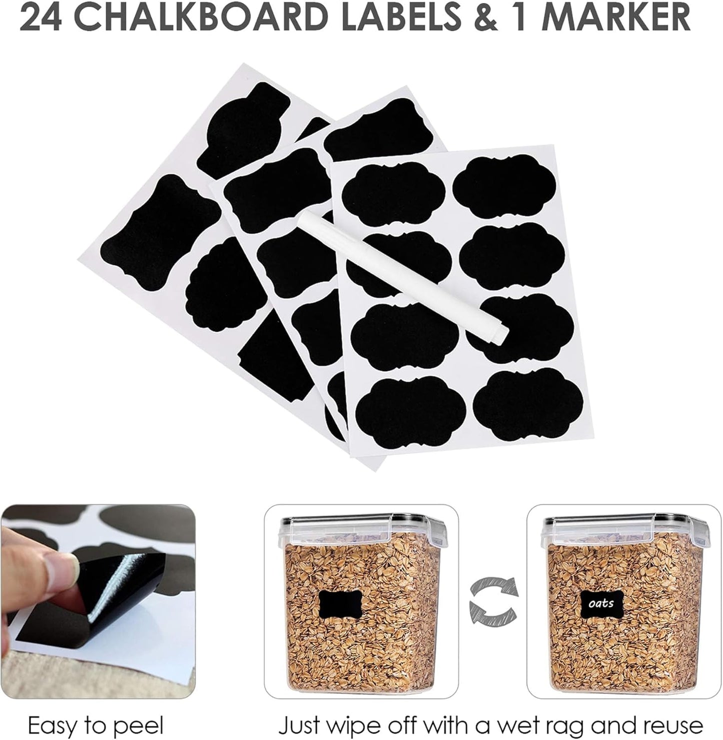 Airtight Food Storage Containers 12 Pieces 1.5Qt / 1.6L- Plastic BPA Free,Dishwasher Safe - Include 24 Labels, Black