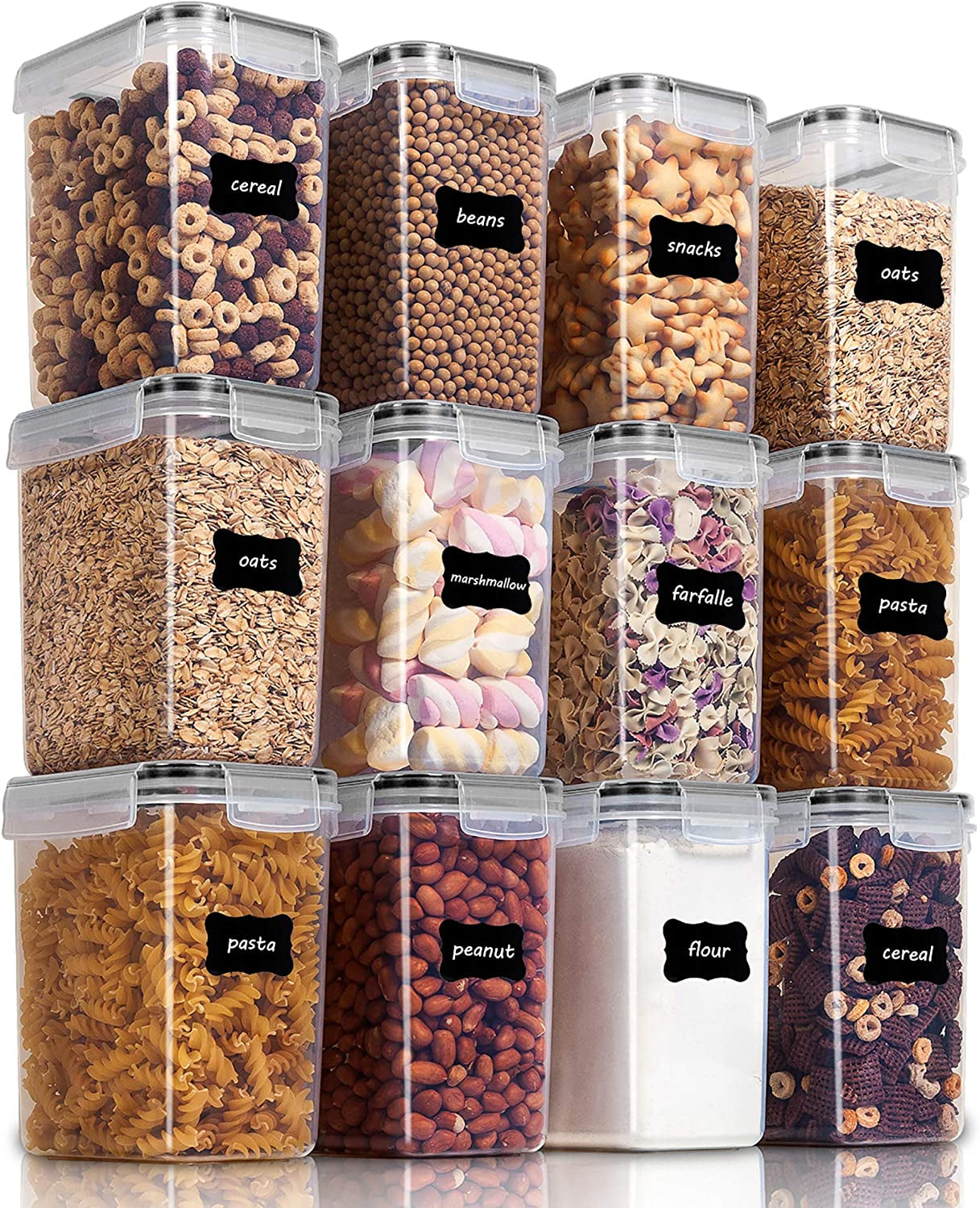 Airtight Food Storage Containers 12 Pieces 1.5Qt / 1.6L- Plastic BPA Free,Dishwasher Safe - Include 24 Labels, Black