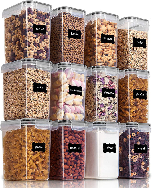 Airtight Food Storage Containers 12 Pieces 1.5Qt / 1.6L- Plastic BPA Free,Dishwasher Safe - Include 24 Labels, Black