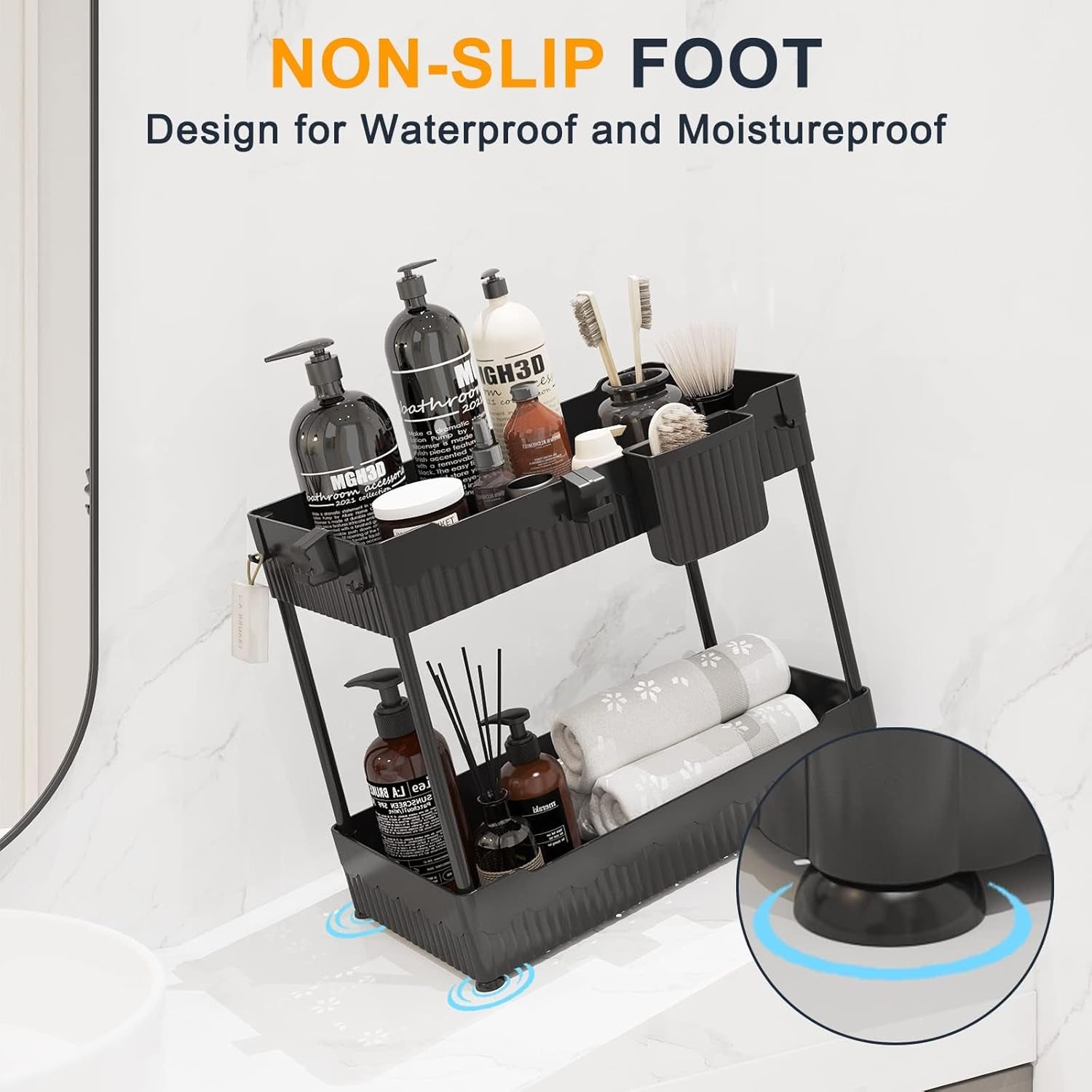 Sink-ception: The Dynamic Duo of Under Sink Shenanigans - Organize Your Chaos with Hanging Cup Hooks & a Multi-Tasking Shelf for All Your Bathroom & Kitchen Misadventures (Now in Sleek Black!)