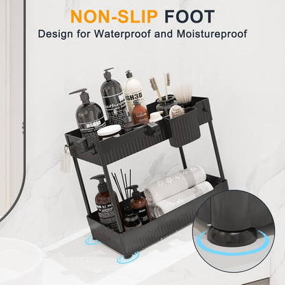 Sink-ception: The Dynamic Duo of Under Sink Shenanigans - Organize Your Chaos with Hanging Cup Hooks & a Multi-Tasking Shelf for All Your Bathroom & Kitchen Misadventures (Now in Sleek Black!)