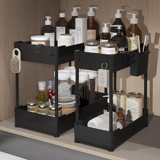 Sink-ception: The Dynamic Duo of Under Sink Shenanigans - Organize Your Chaos with Hanging Cup Hooks & a Multi-Tasking Shelf for All Your Bathroom & Kitchen Misadventures (Now in Sleek Black!)