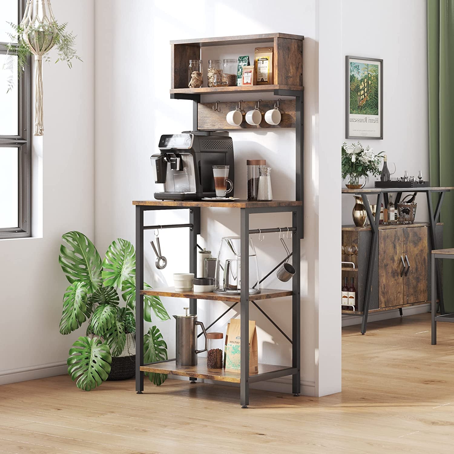 All For One Rack - Microwave Oven Stand with Hutch 8 Side Hooks Coffee Station Utility Storage Shelf 