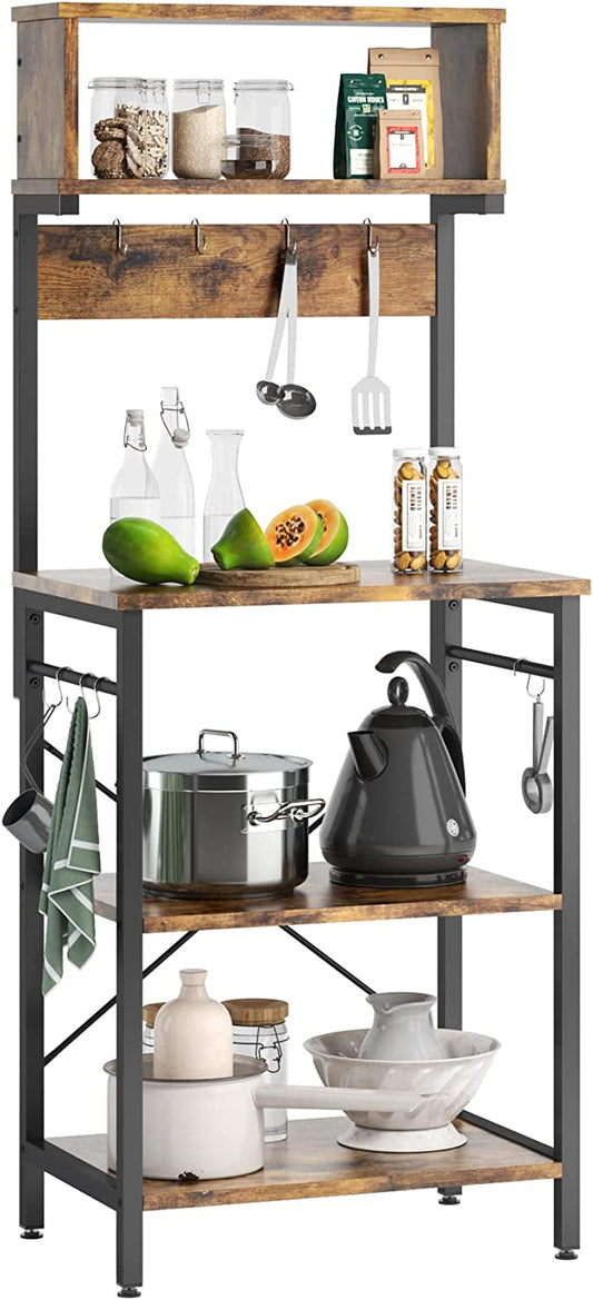 All For One Rack - Microwave Oven Stand with Hutch 8 Side Hooks Coffee Station Utility Storage Shelf 