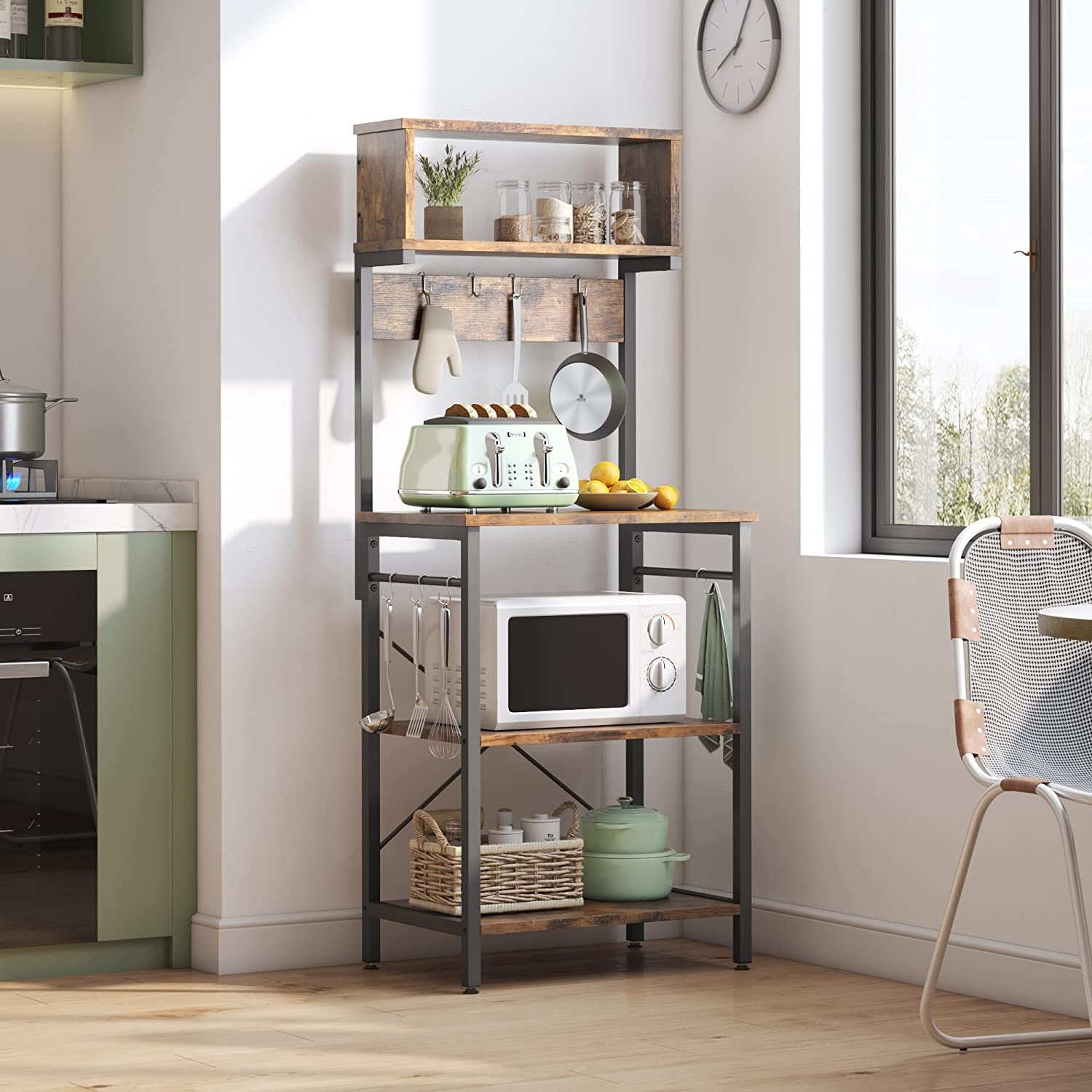 All For One Rack - Microwave Oven Stand with Hutch 8 Side Hooks Coffee Station Utility Storage Shelf 