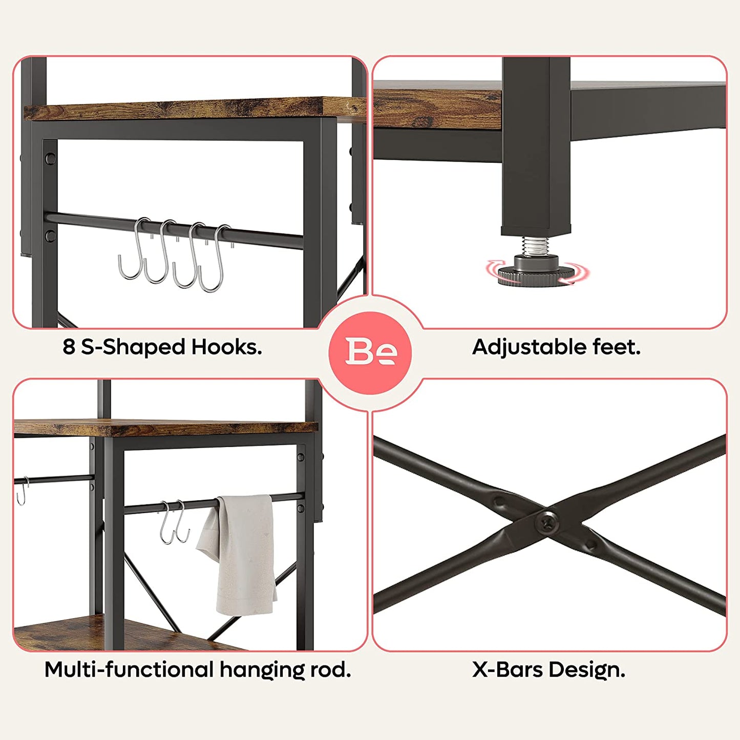 All For One Rack - Microwave Oven Stand with Hutch 8 Side Hooks Coffee Station Utility Storage Shelf 